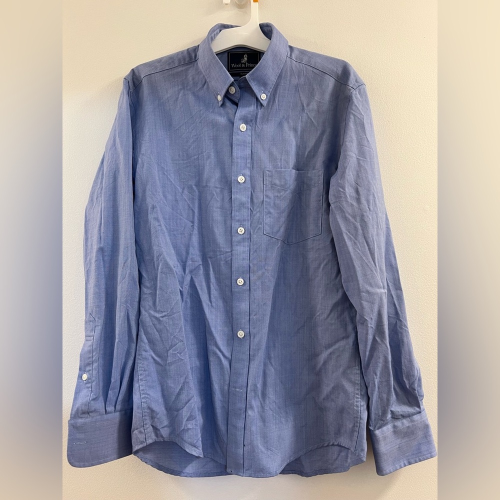 Wool & Prince Worsted Wool Flannel Shirt Men Slim Fit Button-Down blue z. - Picture 4 of 12